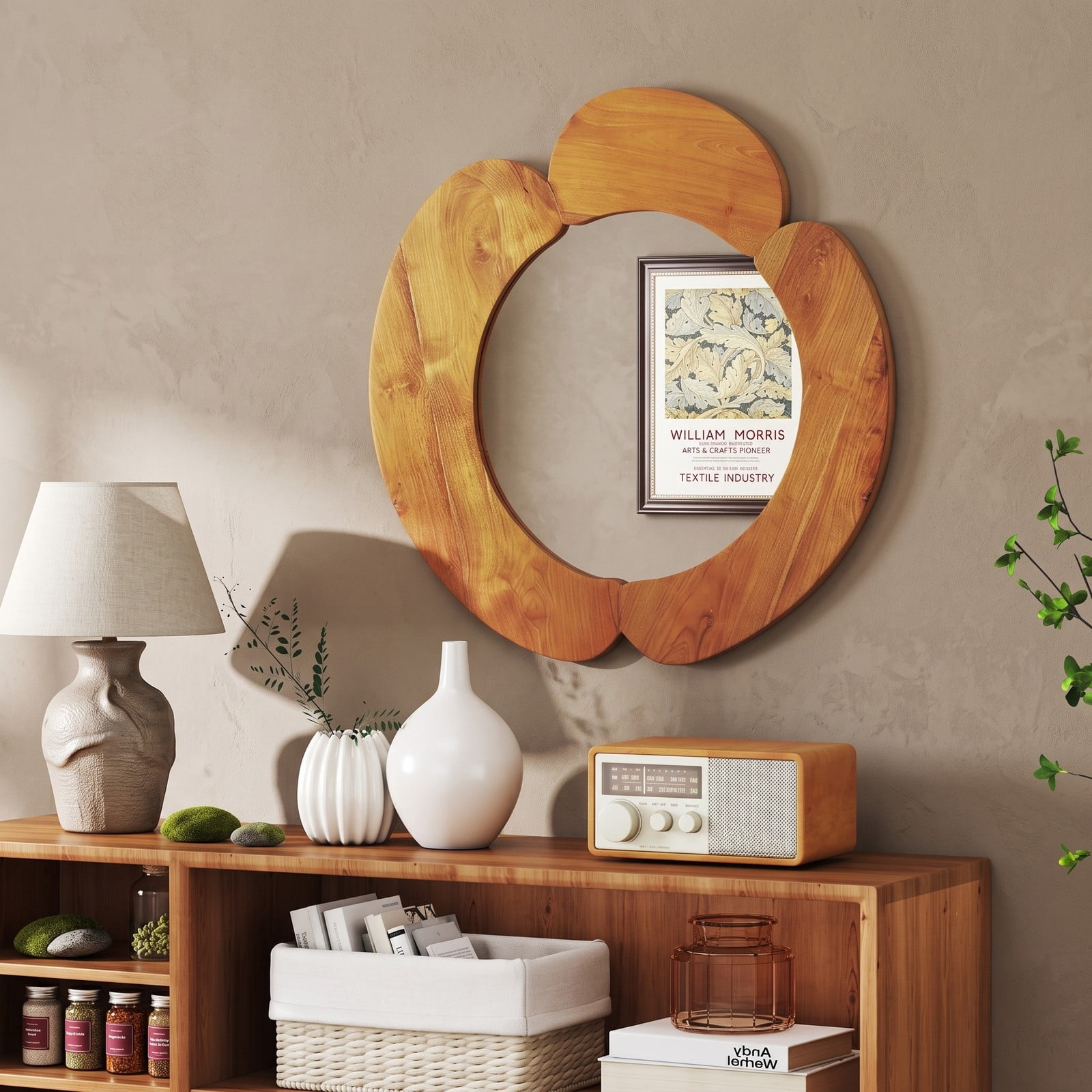 ALPULON 29 Inch Round Rustic Hanging Vanity Mirror with Solid Teak Wood Frame, Waterproof Wall Mounted Bathroom Decor Mirror for Entryway Bedroom, Natural Brown