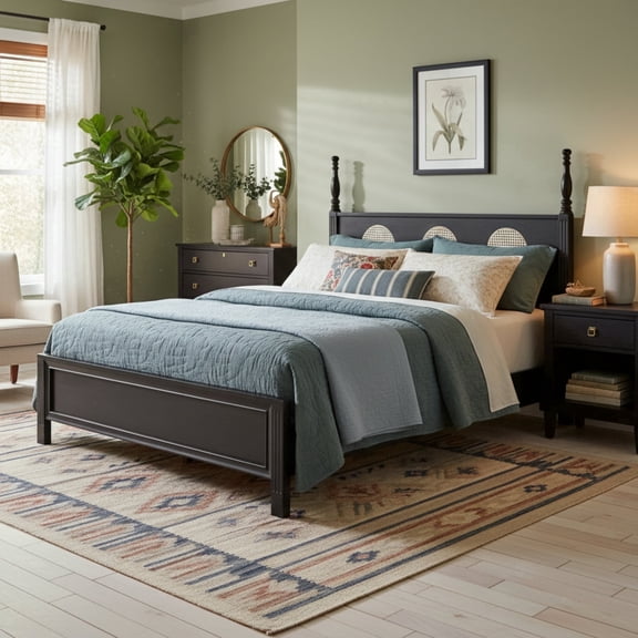 FitStand Queen Wood Bed Frame with Rattan Headboard and Roman Column Design, Sturdy Platform Bed with Wooden Slats Support, No Box Spring Needed, 1100 lbs Capacity