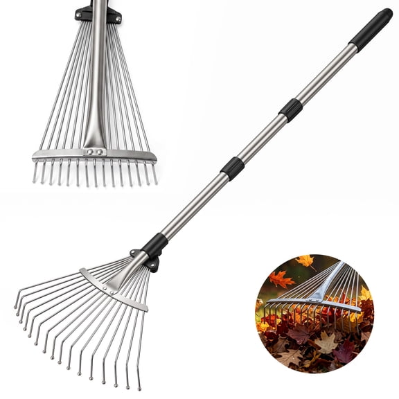 Stainless Steel Garden Rake 6.8ft Detachable Leaf Rake Heavy Duty Lawn Rake Lightweight Metal Rake with Wide Tines for Yard Raking Leaves, Grass, Mulch, and Soil Leveling - Easy Storage