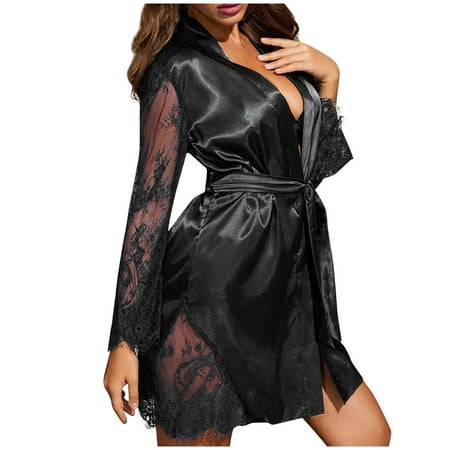 

Women Sexy Nightgown Seductive Lingerie Silk Texture Lace Stitching Adjustable Belt Short Style Summer Pajamas