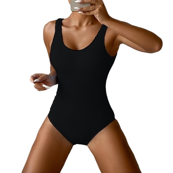 Women One Piece Swimsuit Solid Ribbed Monokini Swimwear Scoop Neck Low Back Bathing Suit (Black,XL)