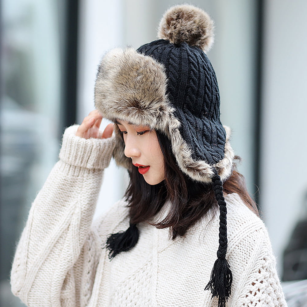 Inner Mongolia Women Winter Hat Faux Fox Fur Pompom Earflap Knitted Trapper 