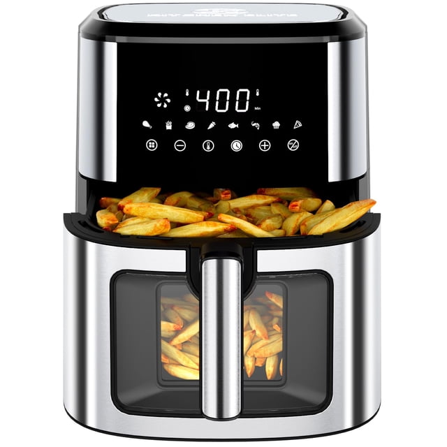 Kitchen Elite Freidora de aire de acero inoxidable con ventana de visualización, freidora de aire grande XL 8.5QT, control digital 8 en 1, controles de temperatura de 400 °F, antiadherente apta para l