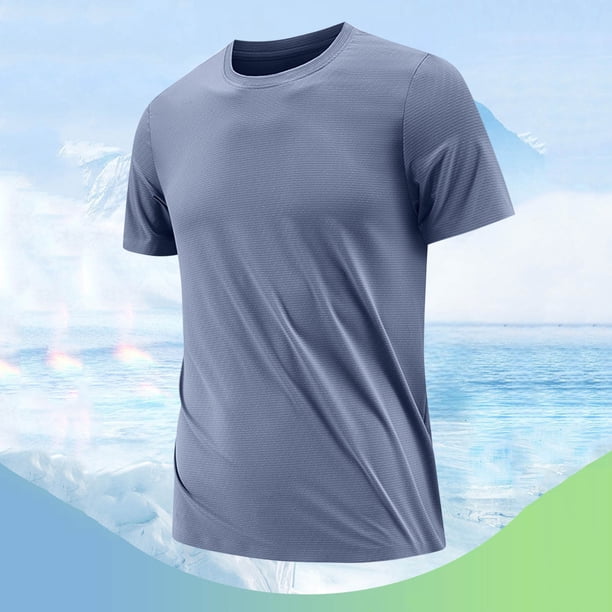 Camisa Elvqul para Hombre Manga Corta Economicas Azul Claro Liso Gym Cuello Redondo