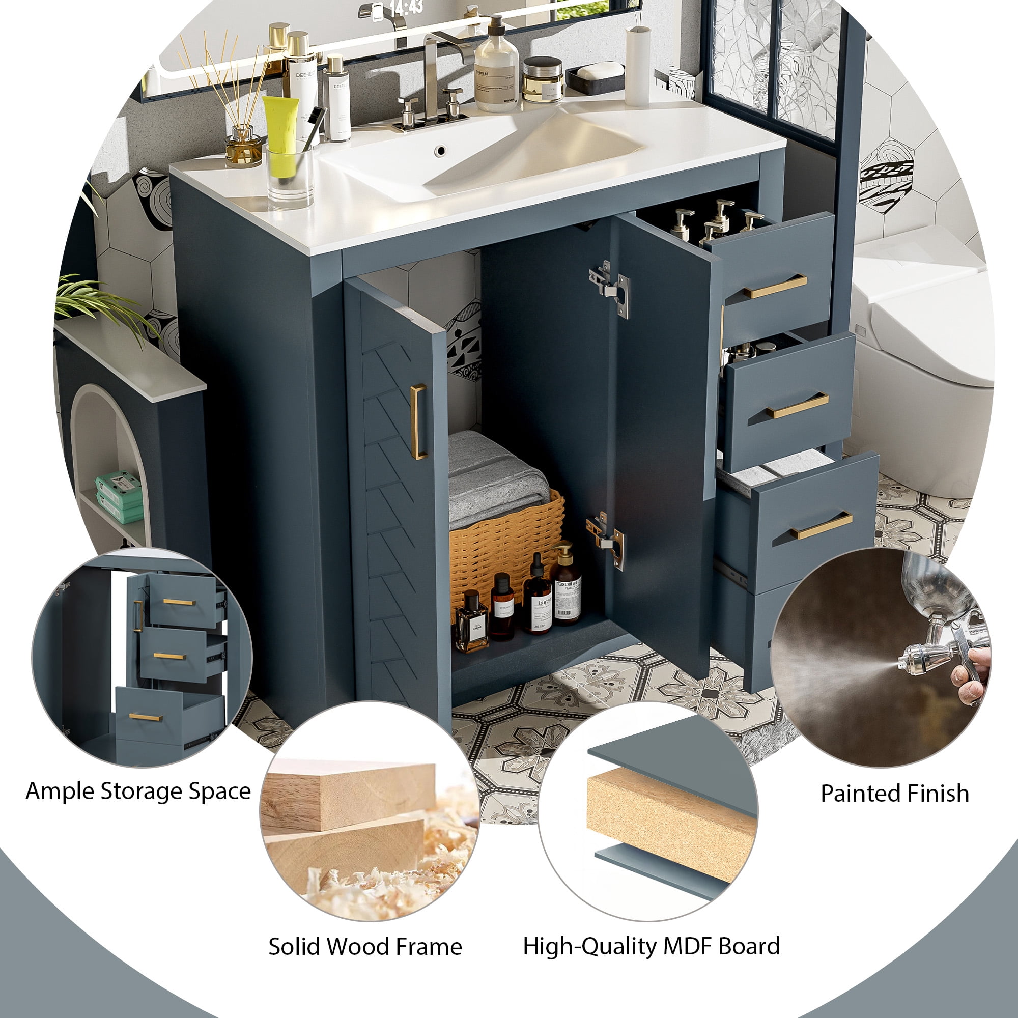 Euroco 36'' Bathroom Vanity with Ceramic Sink Combo, Solid Wood Frame Bathroom Storage Cabinet, Freestanding Vanity Set with 3 Drawers& Soft Closing Doors