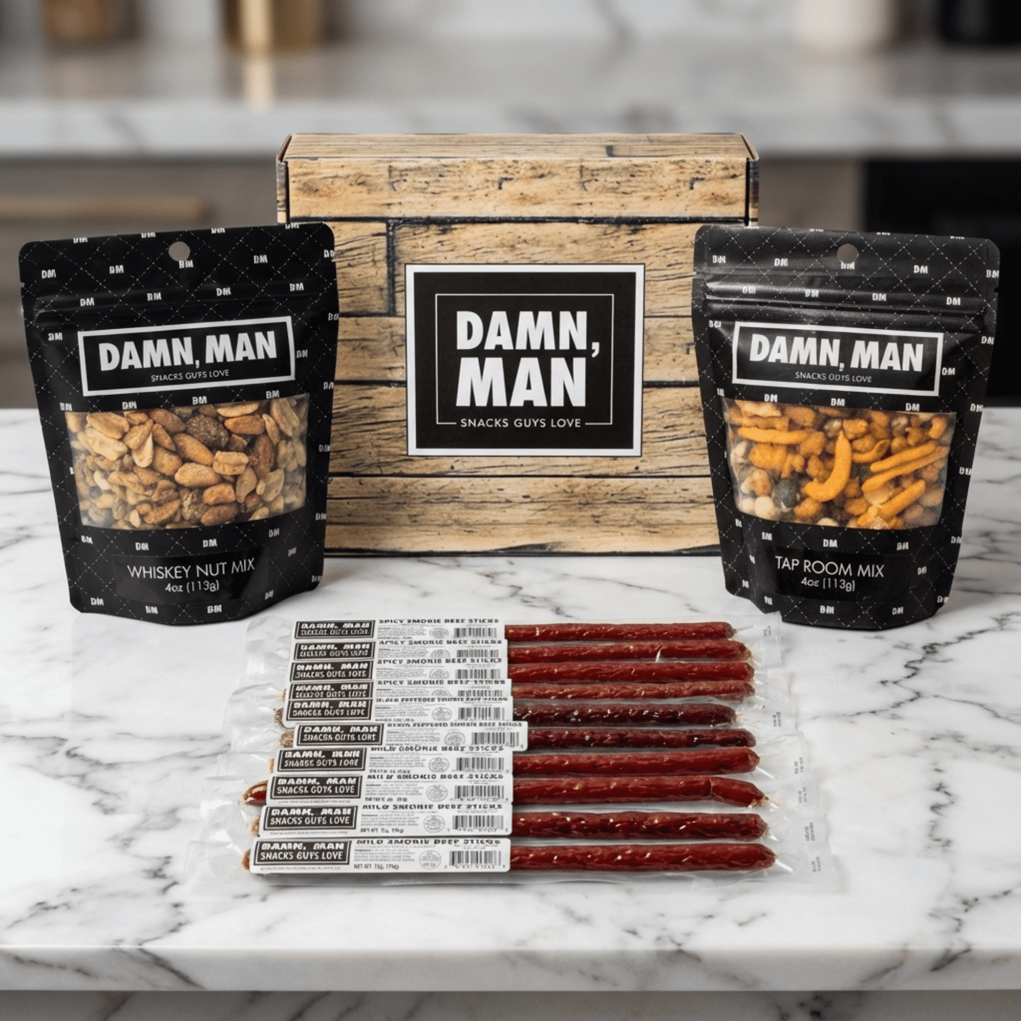 Damn Man Beef Jerky Snack Mixes Gift Assortment Mild Smokey with Nuts 12-Count