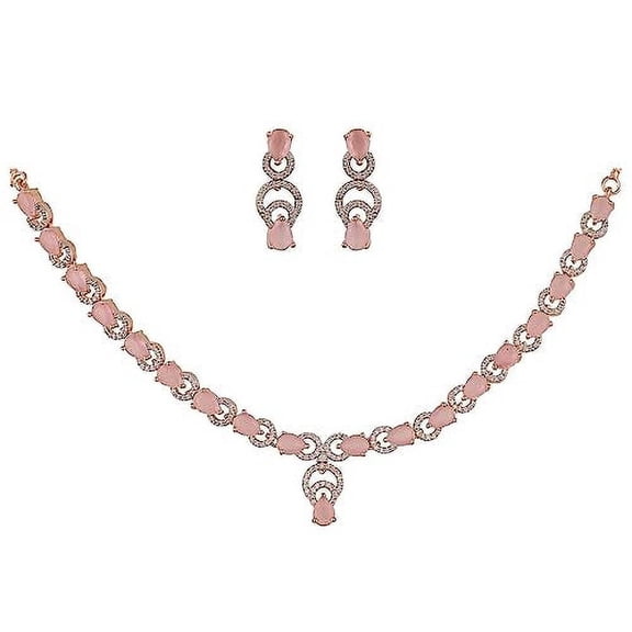 Ratnavali Jewels Women's Rose Gold Tone Pink Cubic Zirconia Small Necklace Earrings Set for Brides & Weddings.
