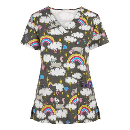

purcolt Halloween Scrubs for Women Womens Loose Scrubs Tops Summer Nurse Short Sleeve V Neck Workwear Skull Pumpkin Cat Printed Working Uniform Shirt Medical Blouse with Pockets