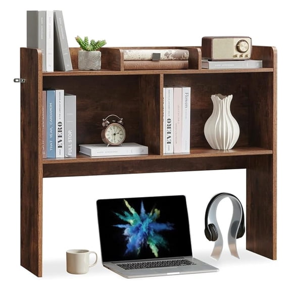 Desktop Bookshelf, Wooden Desk Storage Hutch with 5 Shelves, 3-Tier Desktop Display Organizer Rack for Office Home (Brown, 5 Shelves B)