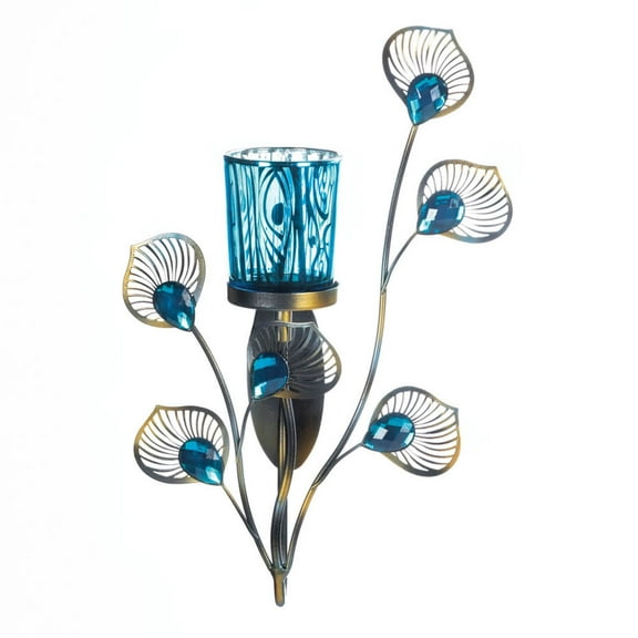 Zingz & Thingz Peacock Plume Single Candle Wall Sconce - 10.75" - Blue and Gold