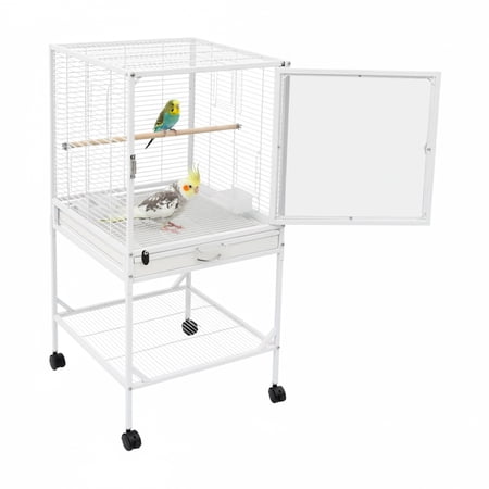 Mobile Metal Bird Cage with Storage Shelf & 2 Feeding Bowls For Canary Parakeet Cockatiel White 17.95*17.95*38 in
