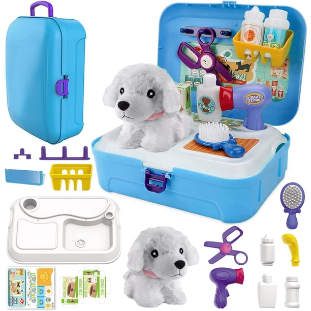 Juego de cuidado de mascotas Kit médico para niños, 16 piezas Médico Juego de simulación Veterinario Juguetes para el cuidado de perros Cachorro Portador de perros Alimentación Mochila para perros Reg