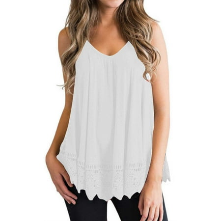 

FREE SHIPPING-camisole Women s Summer Fashion Solid Color Hem Lace Casual Versatile Vest T-Shirt nightgowns for women lingerie valentines day birthday gifts White