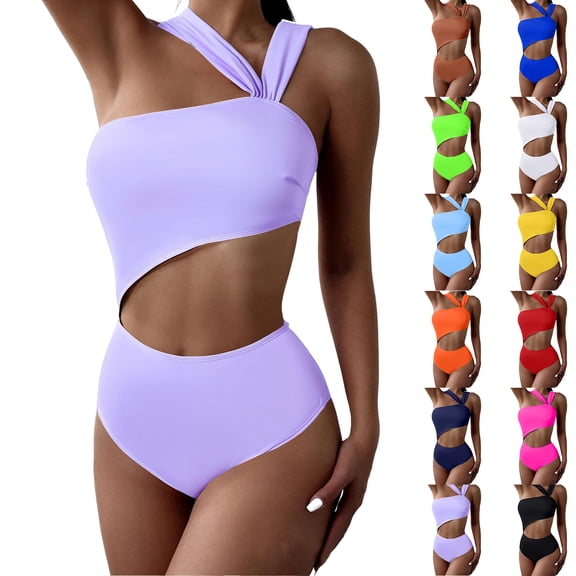 Women's One Piece Bikini Swimsuit Strapless Hollow Out Solid Color One Shoulder High Waisted for Beach Vacation,Black,L