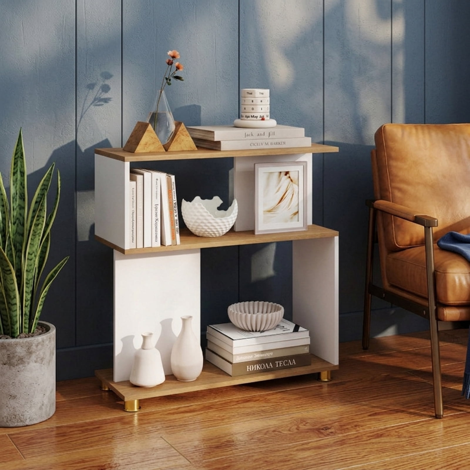 Furnibear 3-Tier Modern S-Shaped Bookshelf with Reversible Design Adjustable Feet and Anti-Tipping Kits for Living Room and Study, White
