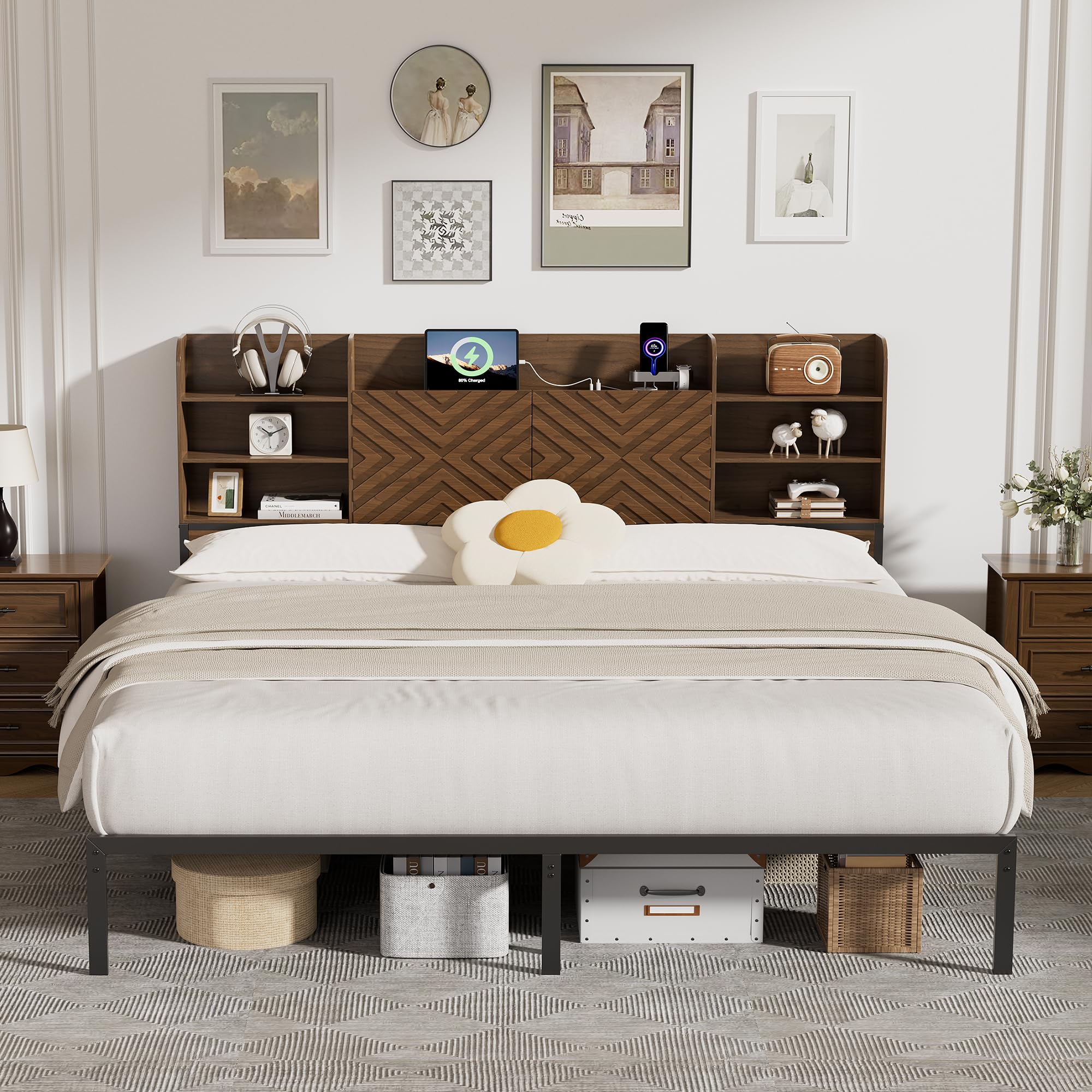Farmhouse King Size Bed Frame with Move Storage Headboard & 2 Drawers, Platform Bed Frame with 3-in-1 Charging Station, Upholstered Bed Frames with Metal Slats Support