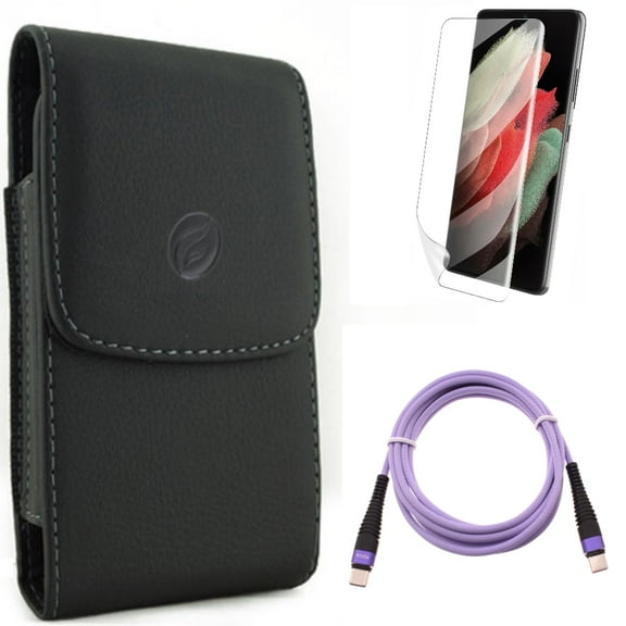 Purple 6ft PD Cable w Case Belt Clip w Matte Screen Protector for Samsung Galaxy S21 Plus - Type-C to USB-C Long Charger Cord, Leather Holster, TPU Film Anti-Glare Accessory Bundle