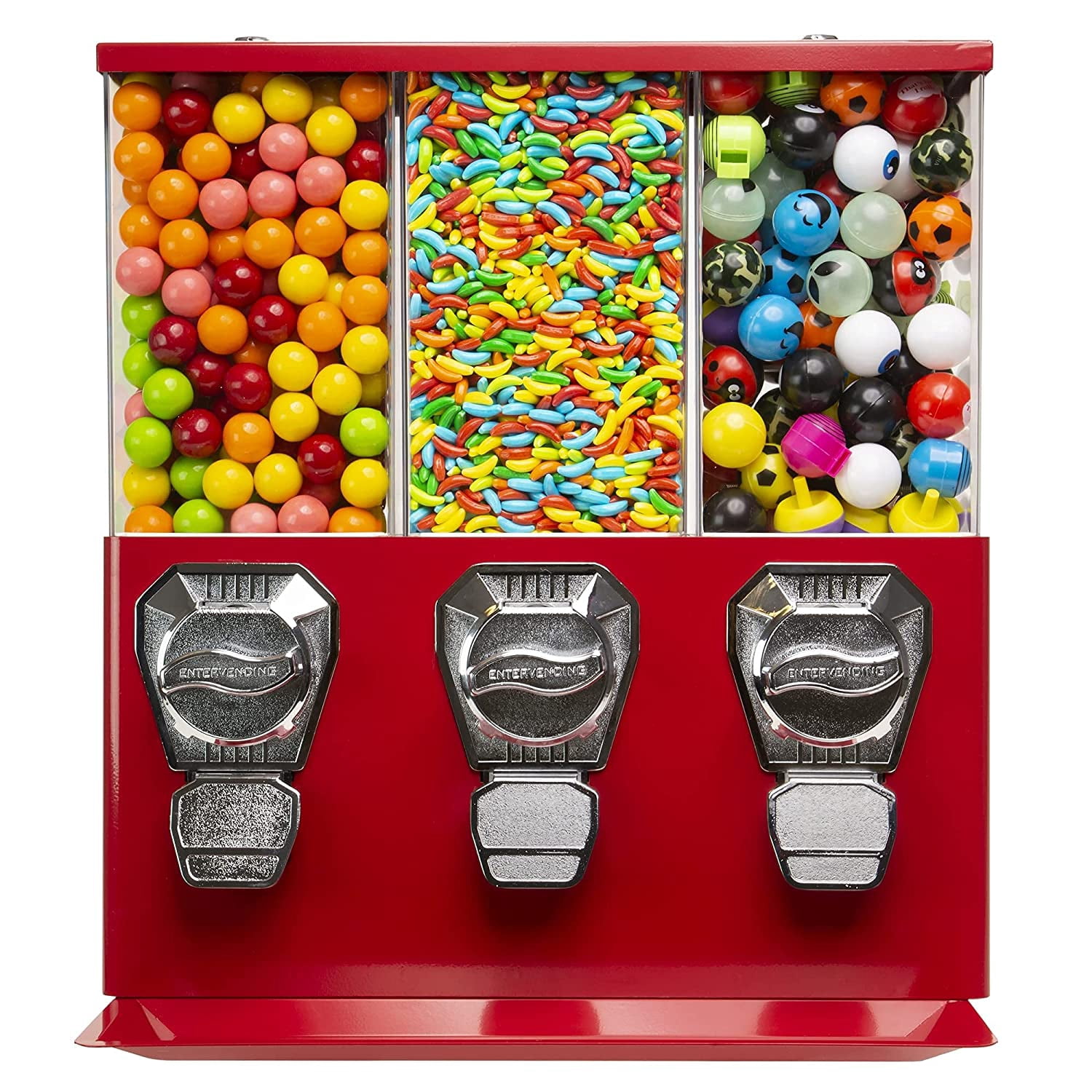 Vending Machine - Commercial Gumball and Candy Machine with Stand - Red Triple Vending Machine with Interchangeable Canisters - Coin Operated Candy Dispenser and Gumball Machine - Vending Dispenser
