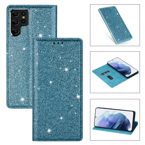 SaniMore Magnetic Flip Wallet Case for Samsung Galaxy S22 Ultra 6.8", PU Leather Ultra-Thin Glitter Cover Buil-in Card Slot & Kickstand Shockproof Protective Shell for Samsung S22 Ultra, Skyblue