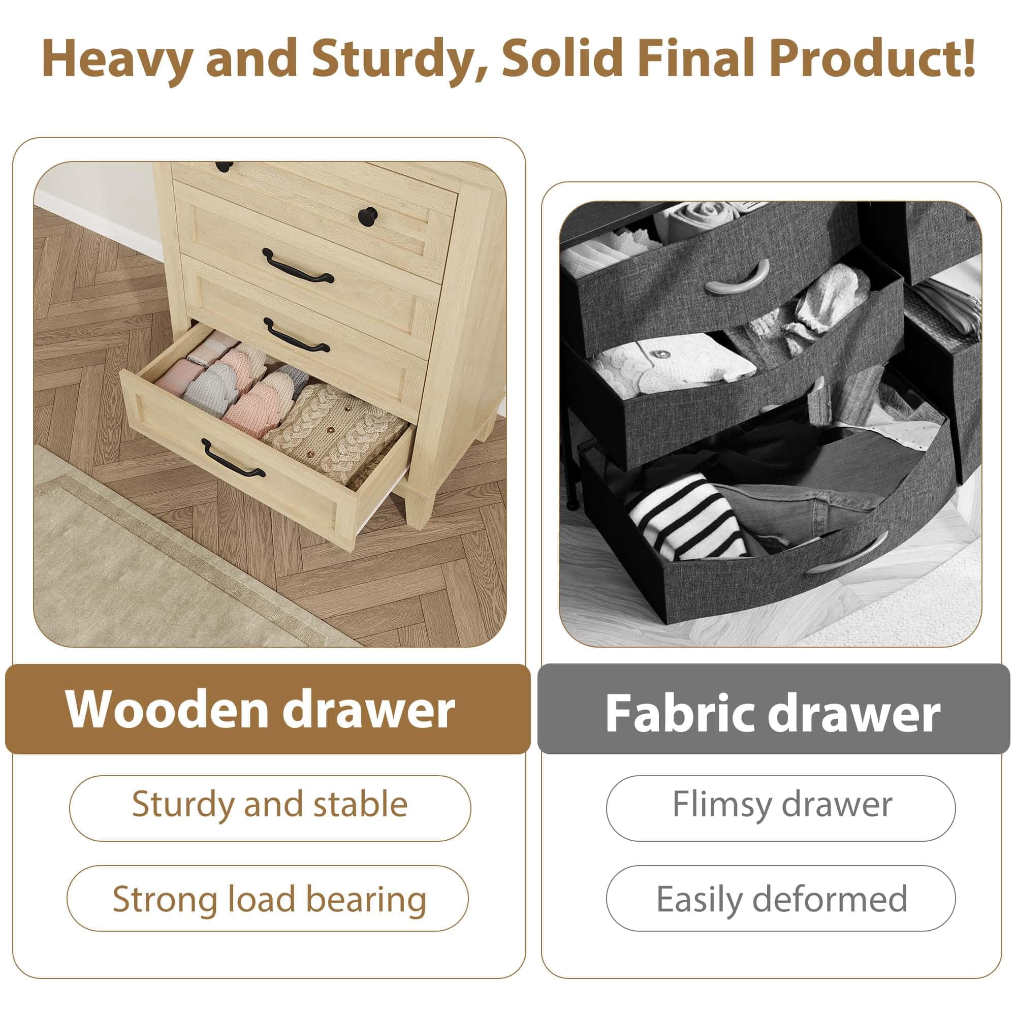 Dresser for Bedroom, 4-Drawer Chest of Drawers, Wooden Storage Dresser with Large Drawers for Living Room, Natural