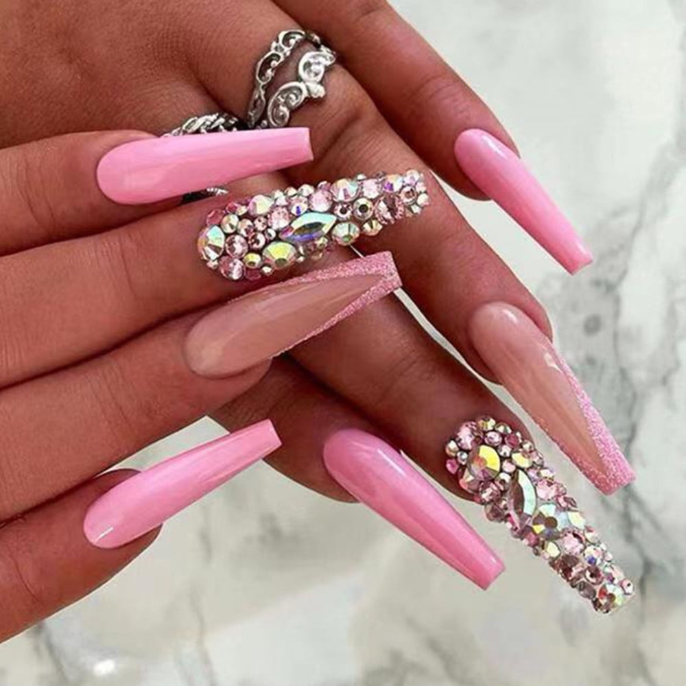 Kawaii Nails, Press on Nails, Trendy Nails, Charm Nails, Bedazzle Nails, Long  Nails, French Nails, Star Charms, Heart Charms, Pink Nails, 