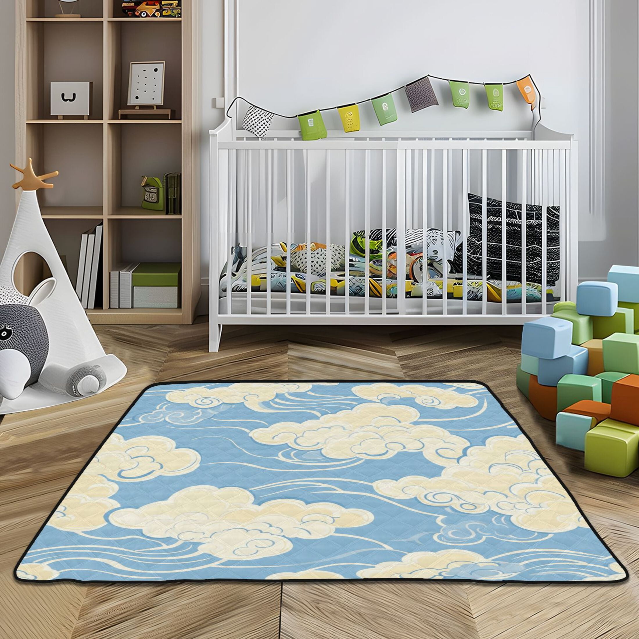 WOBOGO White Cloud Pattern on Blue Background Baby Playmats Extra Large Waterproof Rollable Activity Pads for Toddlers 50×50inch