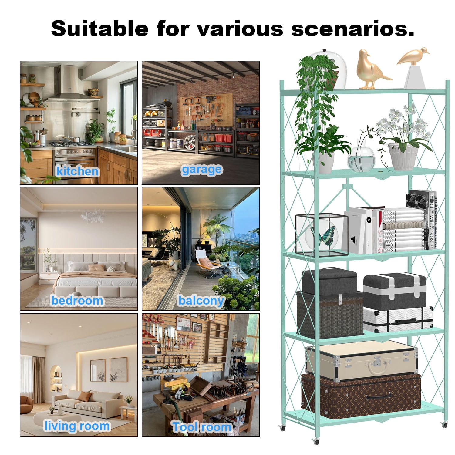 5 Tier Foldable Shelf with Wheels, Portable Carbon Steel No Assembly Organizer, Collapsible Rolling Standing Utility Storage Rack for Kitchen Pantry Office, Green
