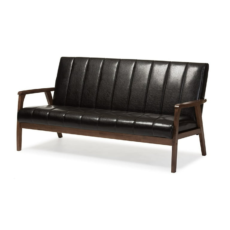 Baxton Studio Nikko Mid-century Modern Scandinavian Style Black Faux Leather Wooden 3-Seater Sofa Baxton Studio Nikko Mid-century Modern Scandinavian Style Black Faux Leather Wooden 3-Seater Sofa