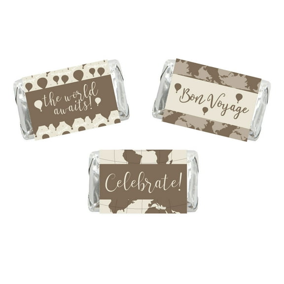 Hot Air Balloon World Map, Vintage Tan Brown, Chocolate Minis Labels Party Favors, 36-pack
