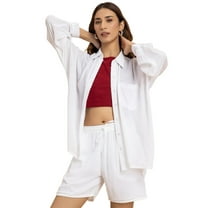 Moomaya, Solid Womens 2 Pcs Co-Ord Set, Crinkle Rayon Long Shirt With Shorts