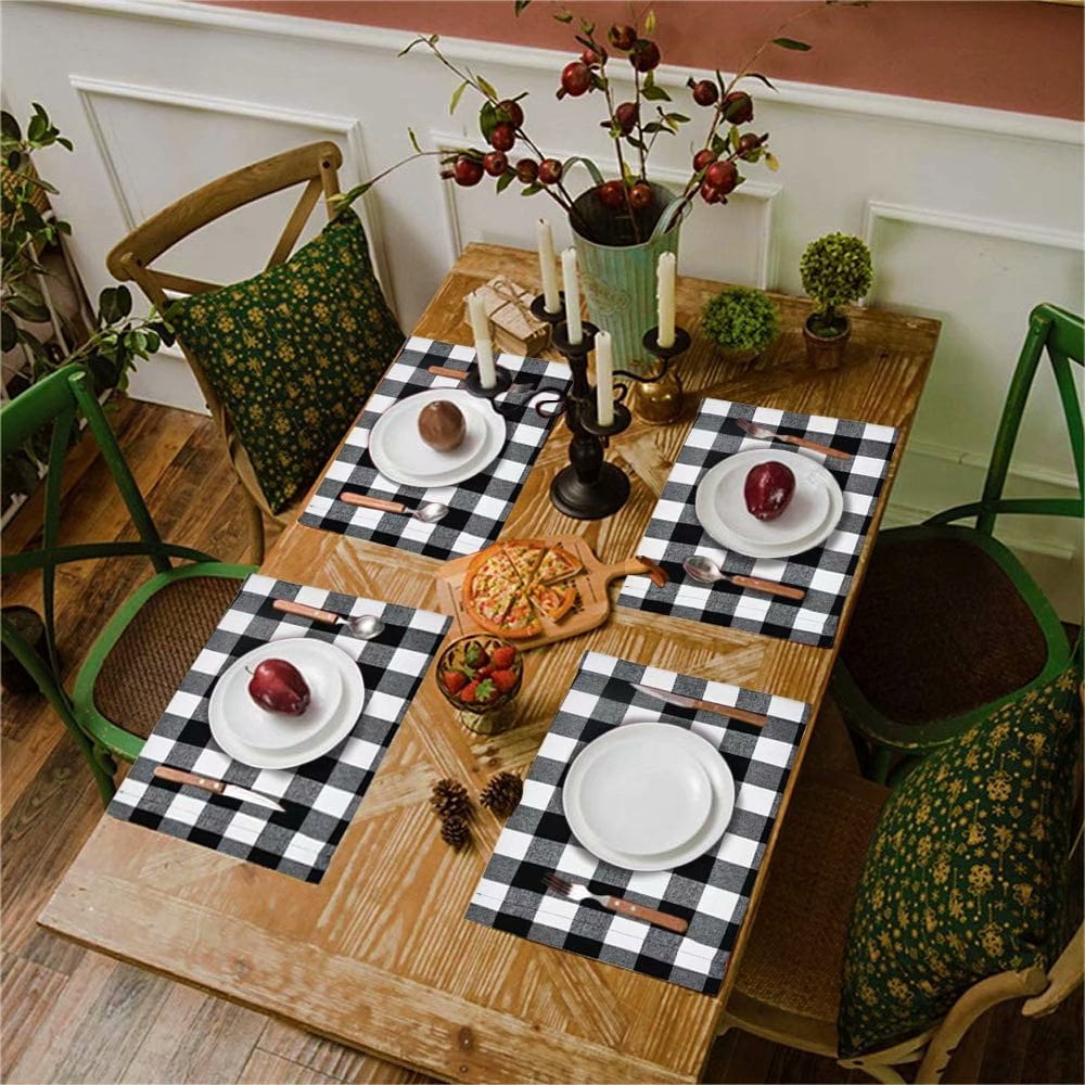 Set of 4 Christmas Placemats Black White Buffalo Check Placemats Plaid ...