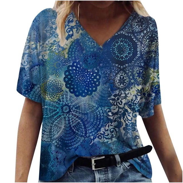 Hauts d'Été pour Femmes 2023 Mode Femmes T-Shirt Imprimé Col en V Manches Courtes Tee Décontracté Blouse