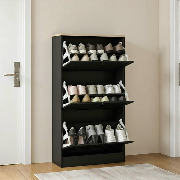 Resenkos Modern Shoe Storage Cabinet - 3 Flip Drawers, Adjustable Shelves Holds 18 Pairs , Black