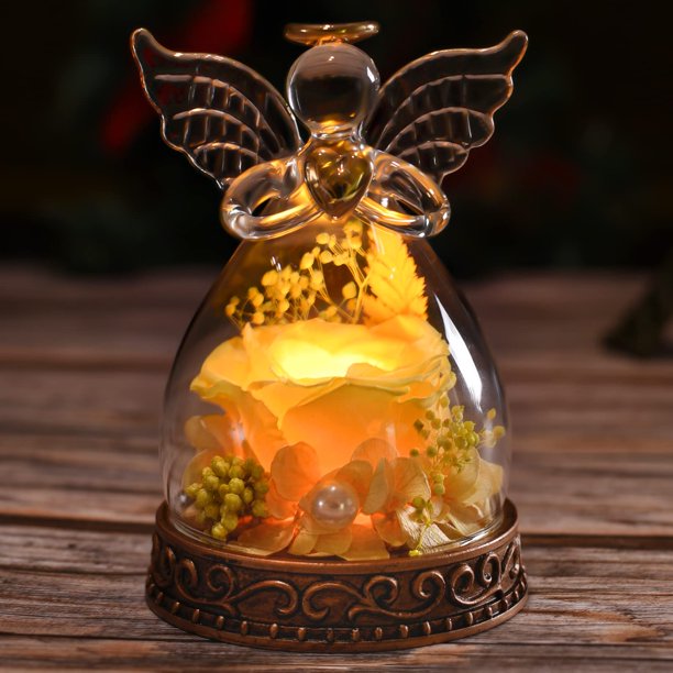 Figura de ángel con forma de rosa auténtica preservada en cristal con luz LED