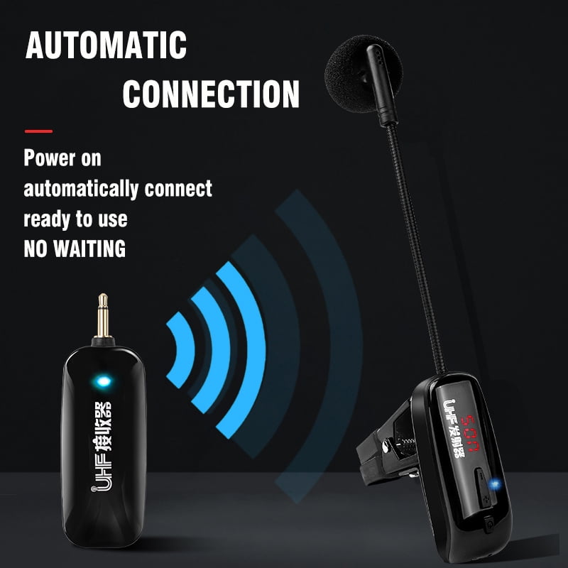 UHF Wireless Saxophone Microphone System Clips over Instrument Receiver Transmitter Trumpet Trombone French Horn