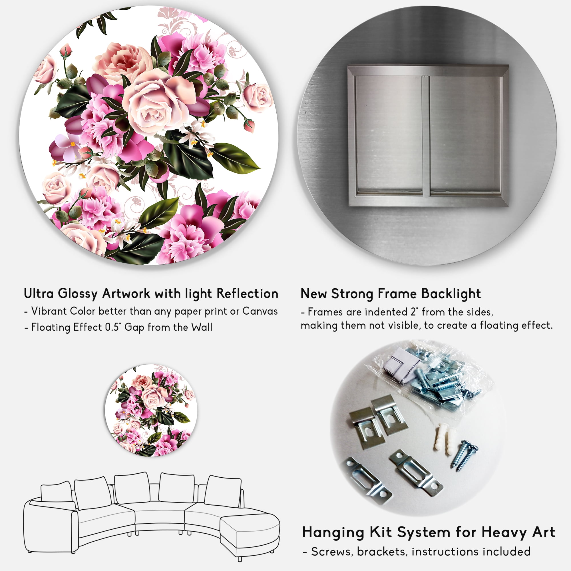 Designart 'Peony Vintage Flowers' Traditional Circle Metal Wall Art 11x11 - Disc of 11
