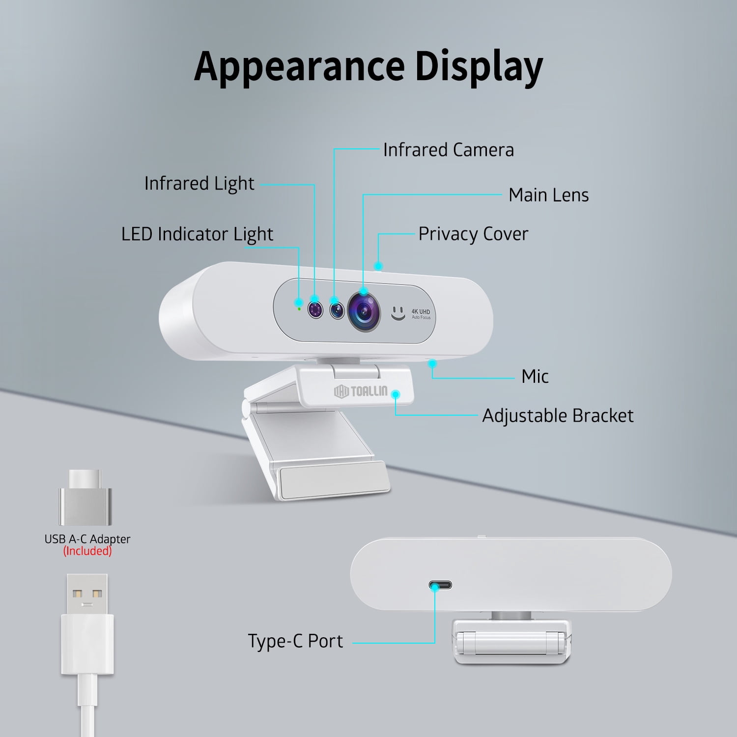 TOALLIN 5MP QHD 2K Webcam with Privacy Cover & 90° field of view delivers,Built-in Microphone,Wide Compatibility ,Plug-and-Play