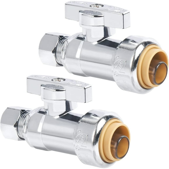 Qucyy 1/2" x 3/8" ODression Straight Stop Valve for PEX, Copper, CPVC Pipe and Water Line, Push to Connect Brass Plumbing Fitting, Quarter-Turn Shut Off Valve (2 Pack) 1/2 inchx3/8 inch - 2 Pack
