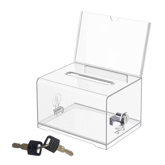 Qiucioku Clear Donation Box with Lock,Ballot Box with Sign Holder,Suggestion Boxes for Fundraising, Tip Jar with Slot for School,Conference 6.2x4.6x3.9 Inch