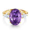 thumbnail image 3 of Gem Stone King 18K Yellow Gold Plated Silver 3-Stone Engagement Ring Amethyst Moissanite (7.80 Cttw), 3 of 6