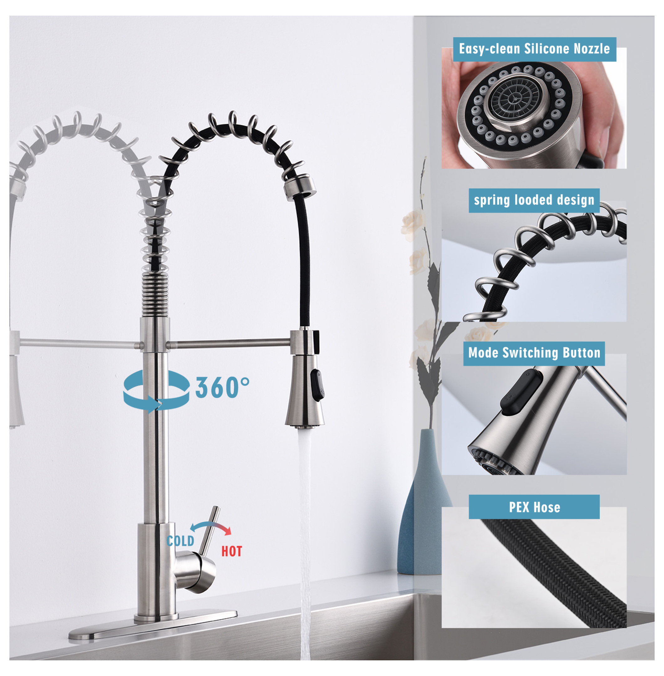 Brushed Single Handle Modern Spring High Arc Kitchen Faucet Water Filter System Bends as You Want