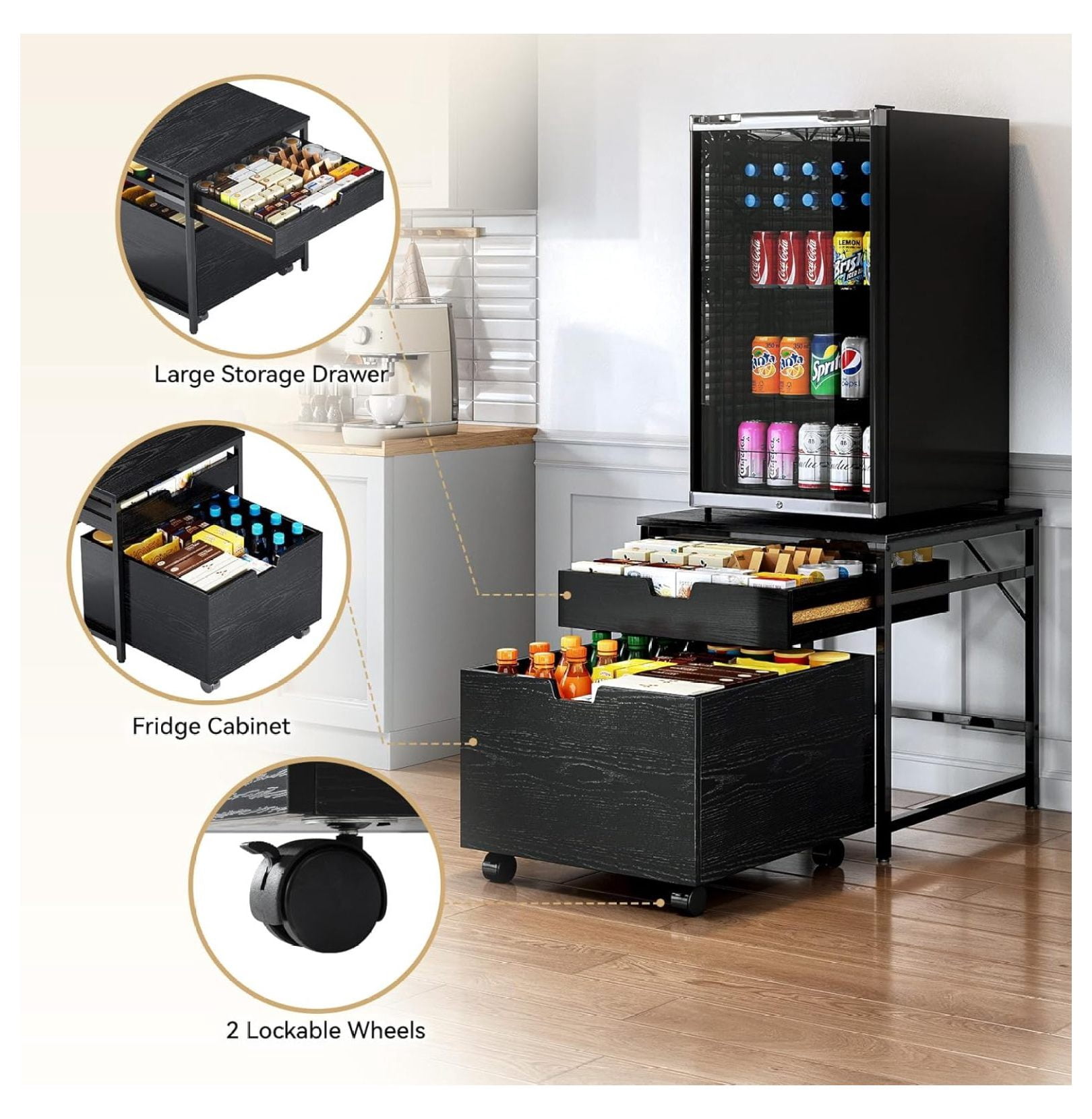 Mini Fridge Stand with Storage Drawer, 300 lb Load Capacity Mini Fridge Stand with Lockable Wheel, Beverage Compact Refrigerator Stand Storage Cabinet, Dorm Fridge Stand