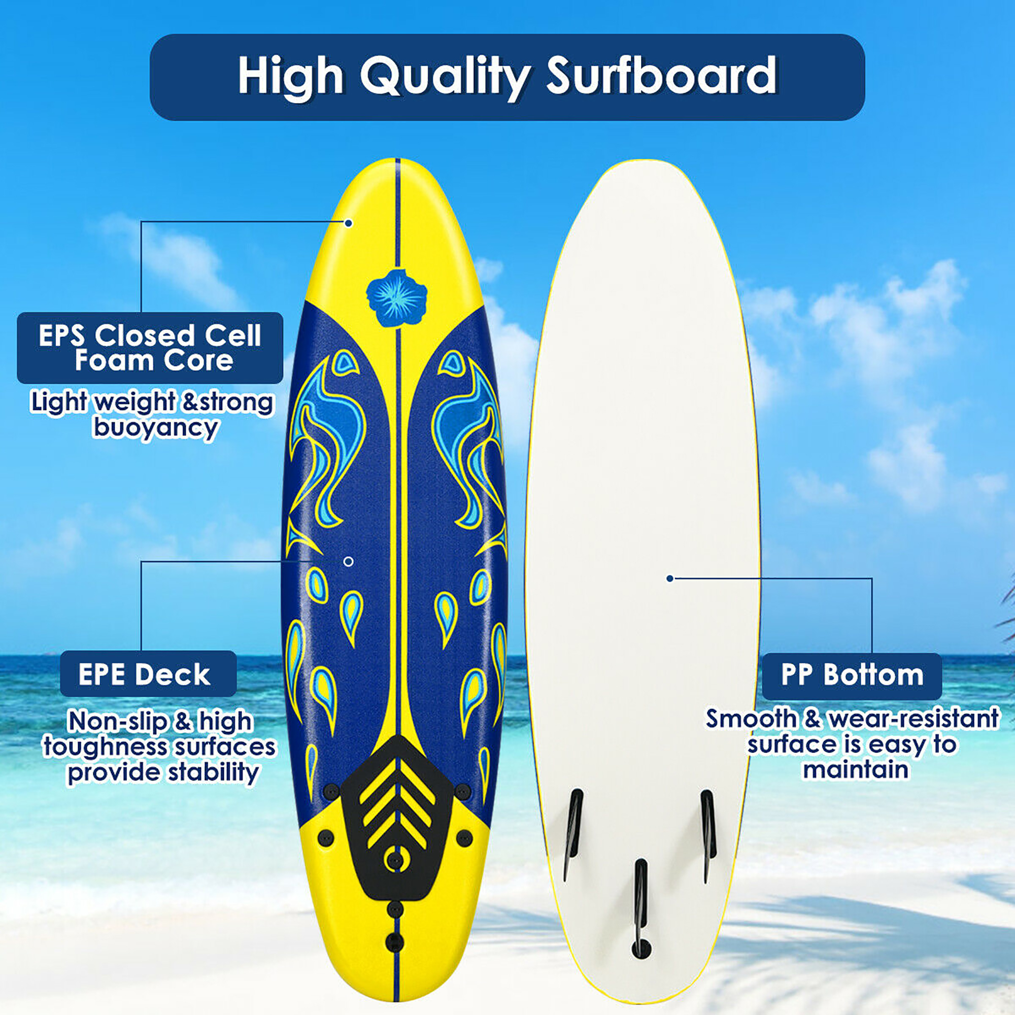 Costway 6' Surfboard Foamie Body Surfing Board W/3  Fins & Leash for Kids Adults Yellow - image 3 of 10