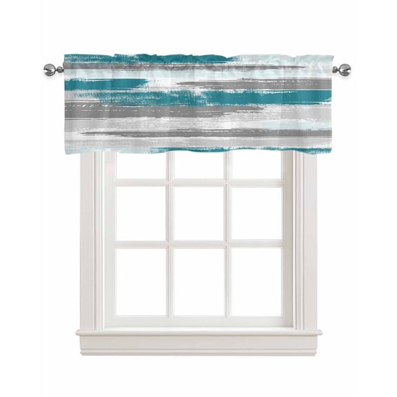 Abstract Art Linen Curtain Valance for Bedroom/Bathroom/Kitchen/Office/Living/Dining Room Windows,Contemporary Tainted Teal Grey White Painting Pocket Topper Drapes Decorative Cafe Drapery 42x18