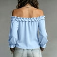 thumbnail image 5 of ClodeEU Women's Off Shoulder Long Sleeve Blouse, Casual Solid Color Top with Ruffled Trim Light Blue,Women's Plus L, 5 of 8