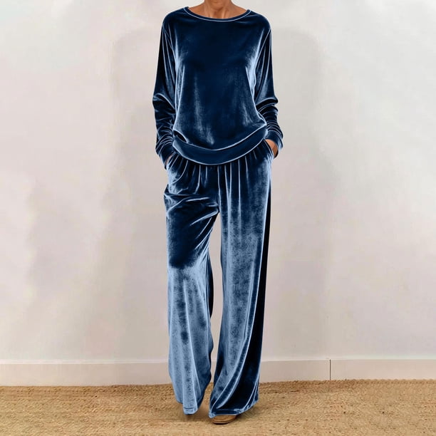 TaTaai Women Casual Loose Fit Velvet Set Round Neck Long Sleeve Pullover Top and Full Length Trousers Soft Comfy Daily Wear Two Piece Gift