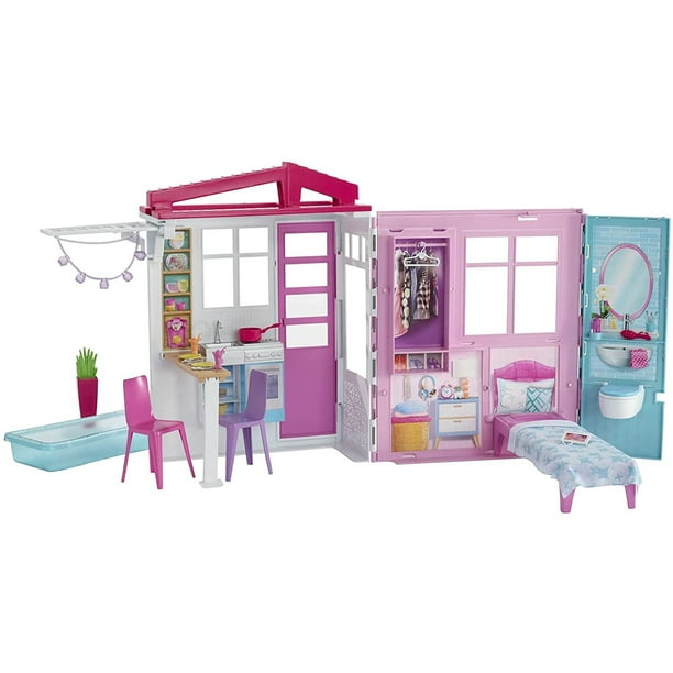 Casa de munecas Barbie juego portatil de 1 piso con piscina y accesorios para ninos de 3 Barbie Barbie Walmart en linea