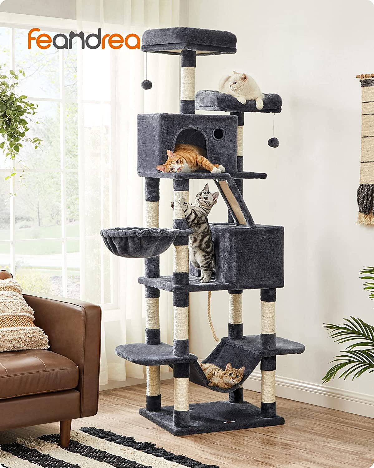 FEANDREA Cat Tree, 81.1Inch Tall Cat Condo with Hammock, Smoky Gray
