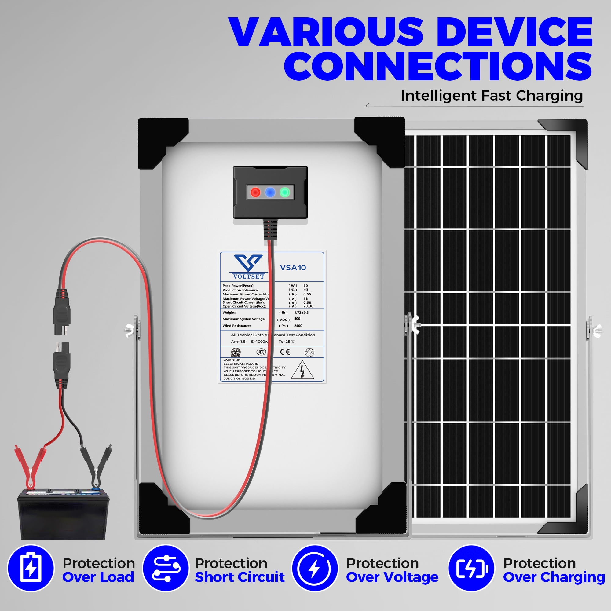 Voltset Solar Battery Trickle Charger: 10 Watt 12V Solar Panel Maintainer for Car Boat - Waterproof Monocrystalline Solar Charger with Controller for RV Marine Trailer Truck Motorcycle