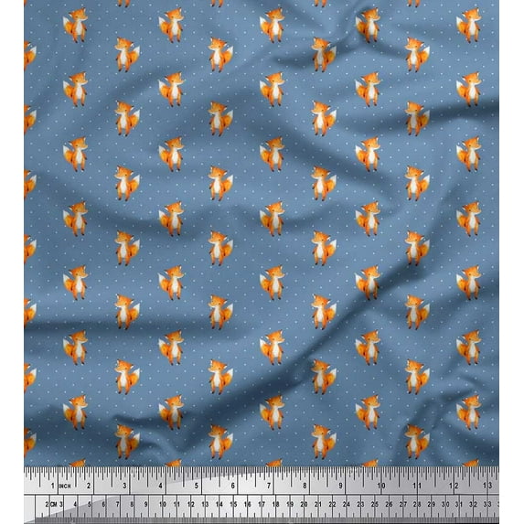 Soimoi Crepe Silk Fabric Dot & Fox Cartoon Print Sewing Fabric Yard 42 Inch Wide